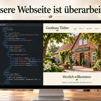 Eine Webseite die zur Hälfte geöffnet ist und der Quellcode ist sichtbar
